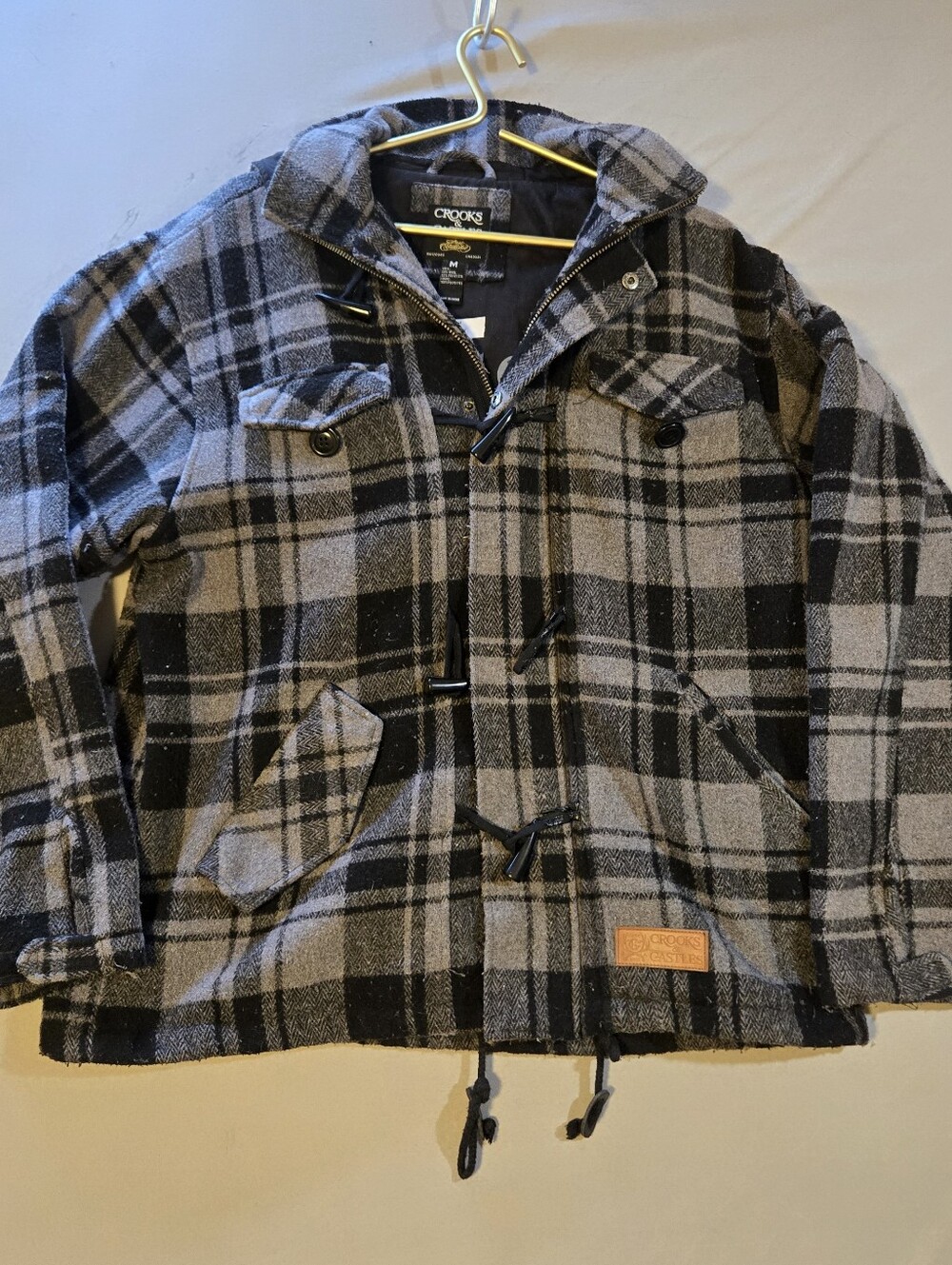 Crooks & Castles Black and Gray Plaid Toggle Coat Wool Blend